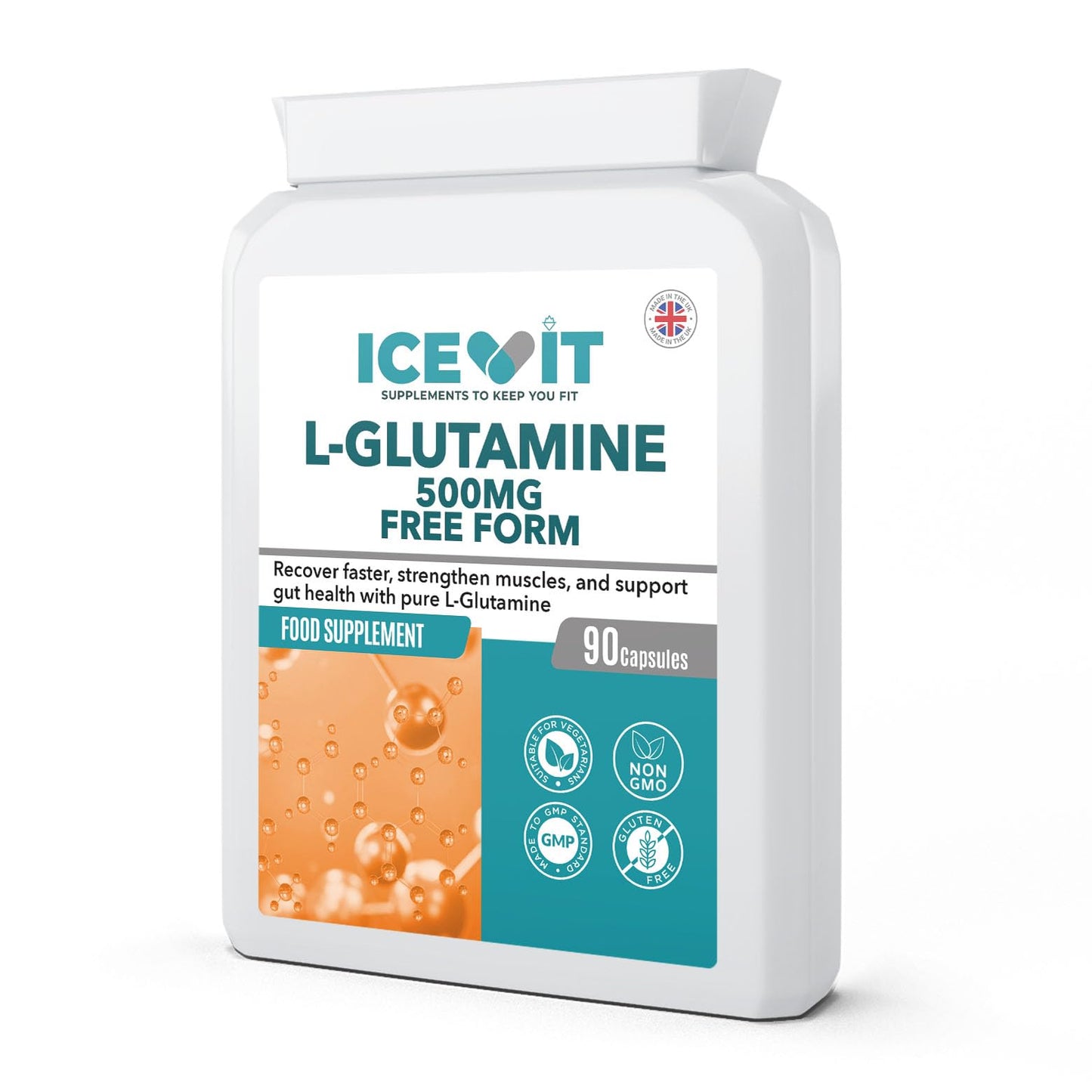 Icevit L-Glutamine supplement container on a white background