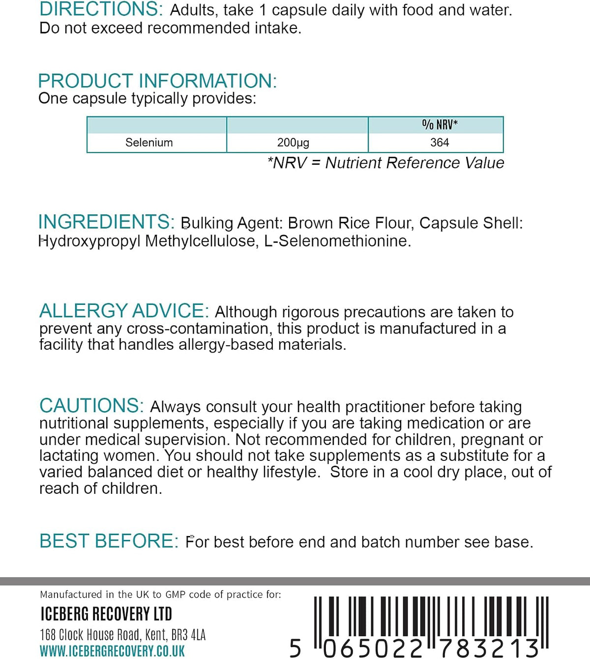 ICEVIT Selenium: Back label showing 200µg selenium, ingredients and directions