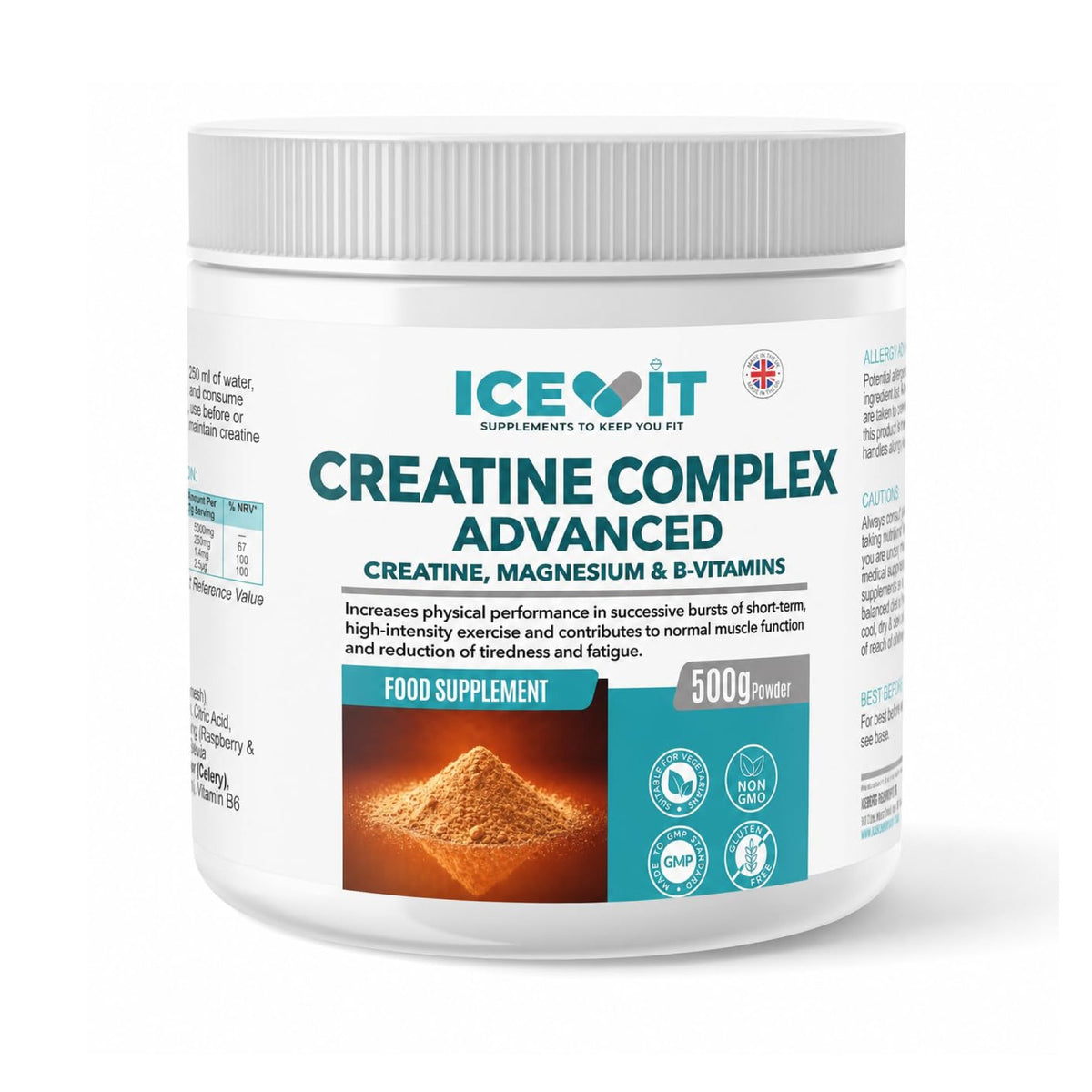 ICEVIT Advanced Creatine Complex raspberry and blueberry powder 500g tub, front packaging