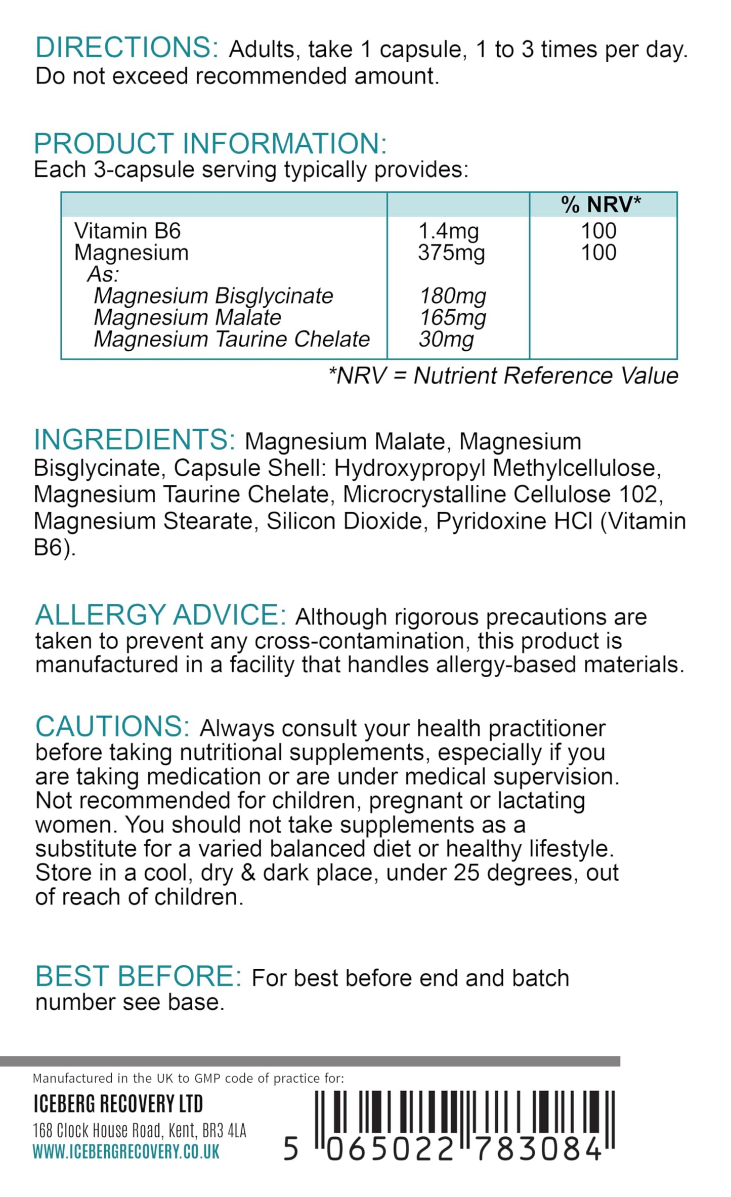 Magnesium Complex 375mg – Glycinate, Malate & Taurate with B6 – 120 Vegan Capsules
