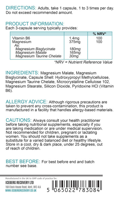 Magnesium Complex 375mg – Glycinate, Malate & Taurate with B6 – 120 Vegan Capsules