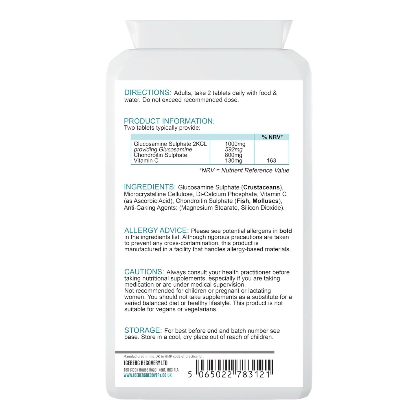 ICEVIT Glucosamine & Chondroitin back label and supplement information panel