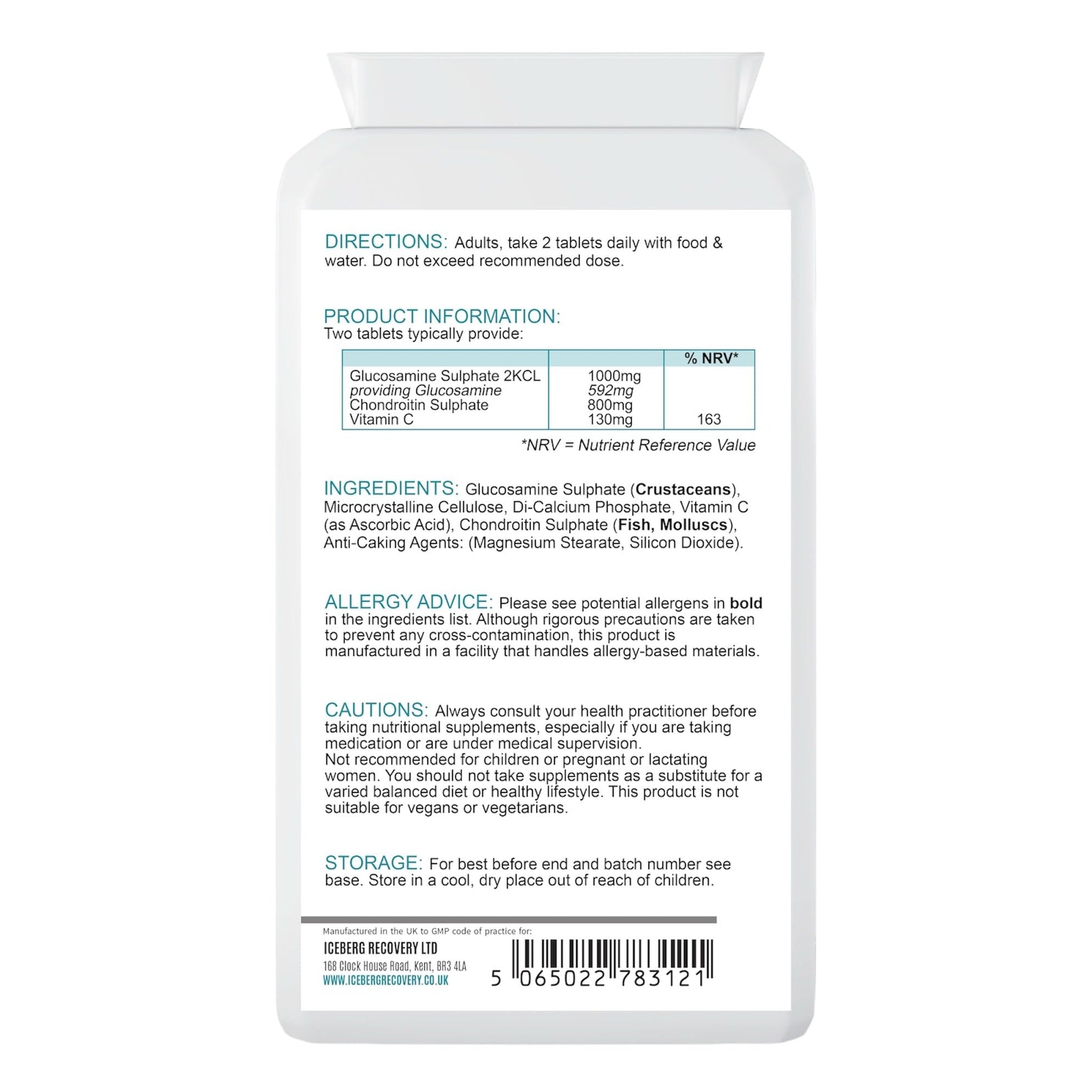 ICEVIT Glucosamine & Chondroitin back label and supplement information panel