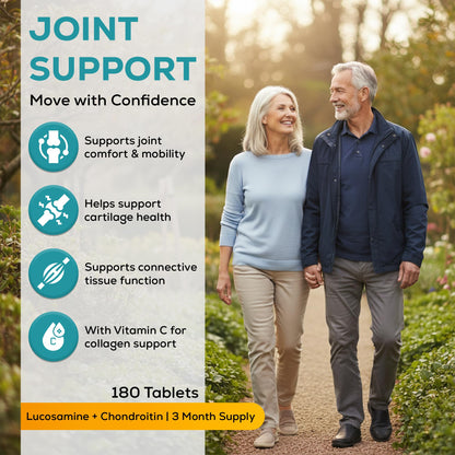 Joint support marketing card showing older couple and supplement benefits
