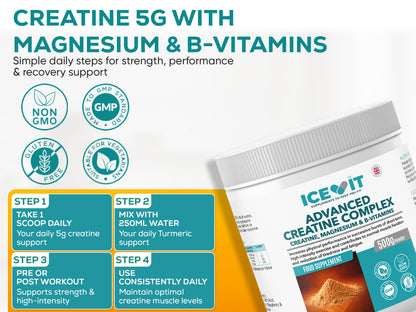 Panel displaying 5 g creatine per serving plus magnesium and vitamins B6 & B12 benefits with cookware style layout.