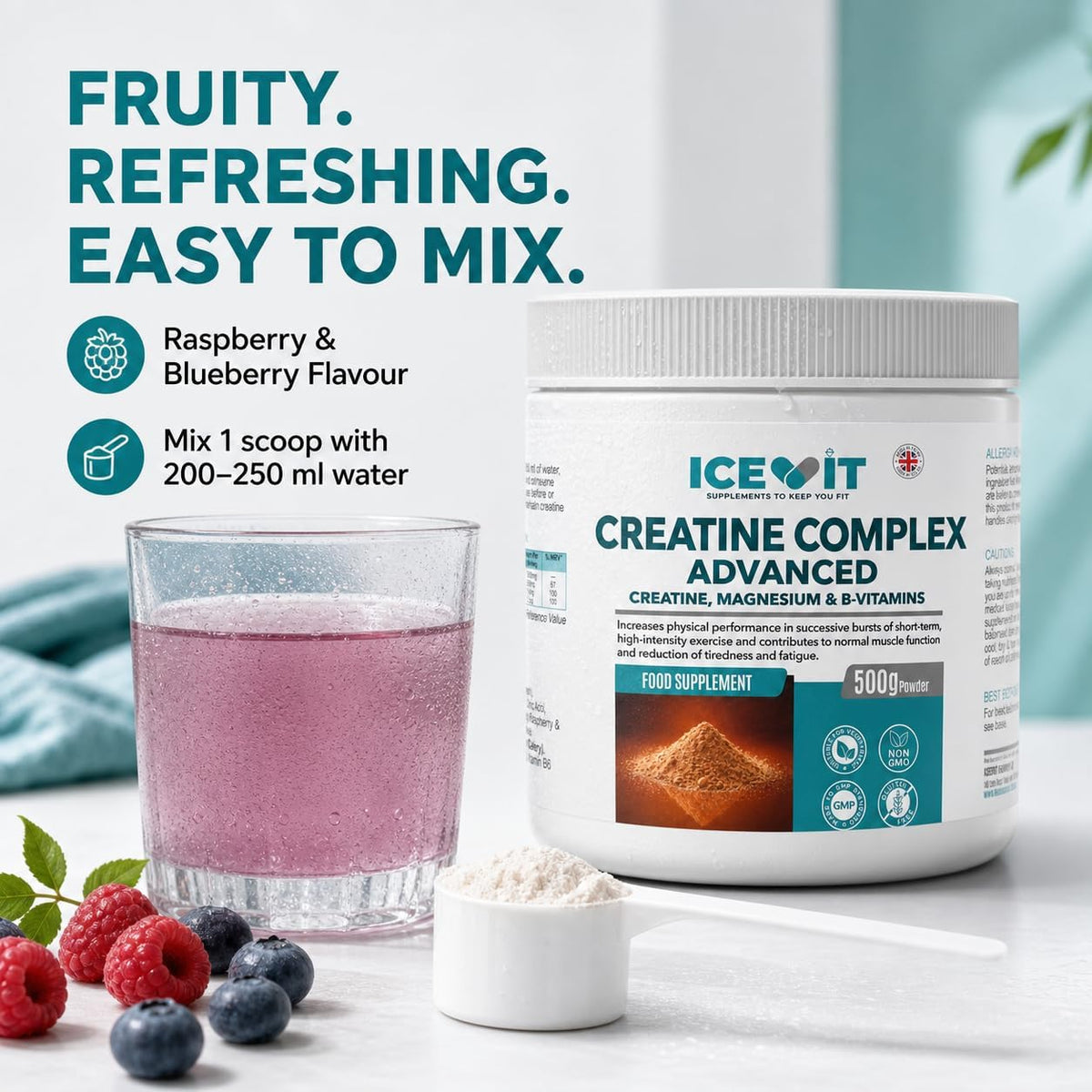 ICEVIT Advanced Creatine Complex: Raspberry and blueberry flavour with mixing instructions
