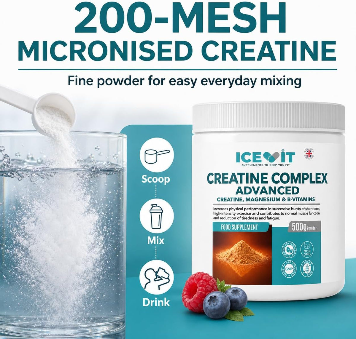 ICEVIT Advanced Creatine Complex: 200-mesh micronised creatine with fruit and scoop
