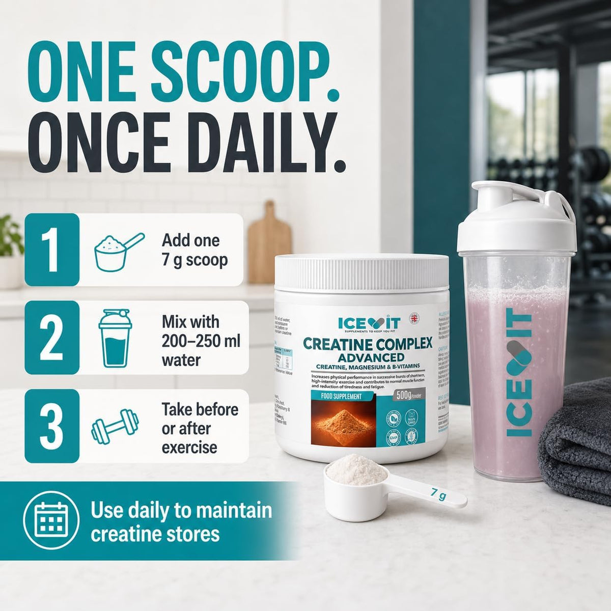 ICEVIT Advanced Creatine Complex: One 7g scoop daily mixing guide