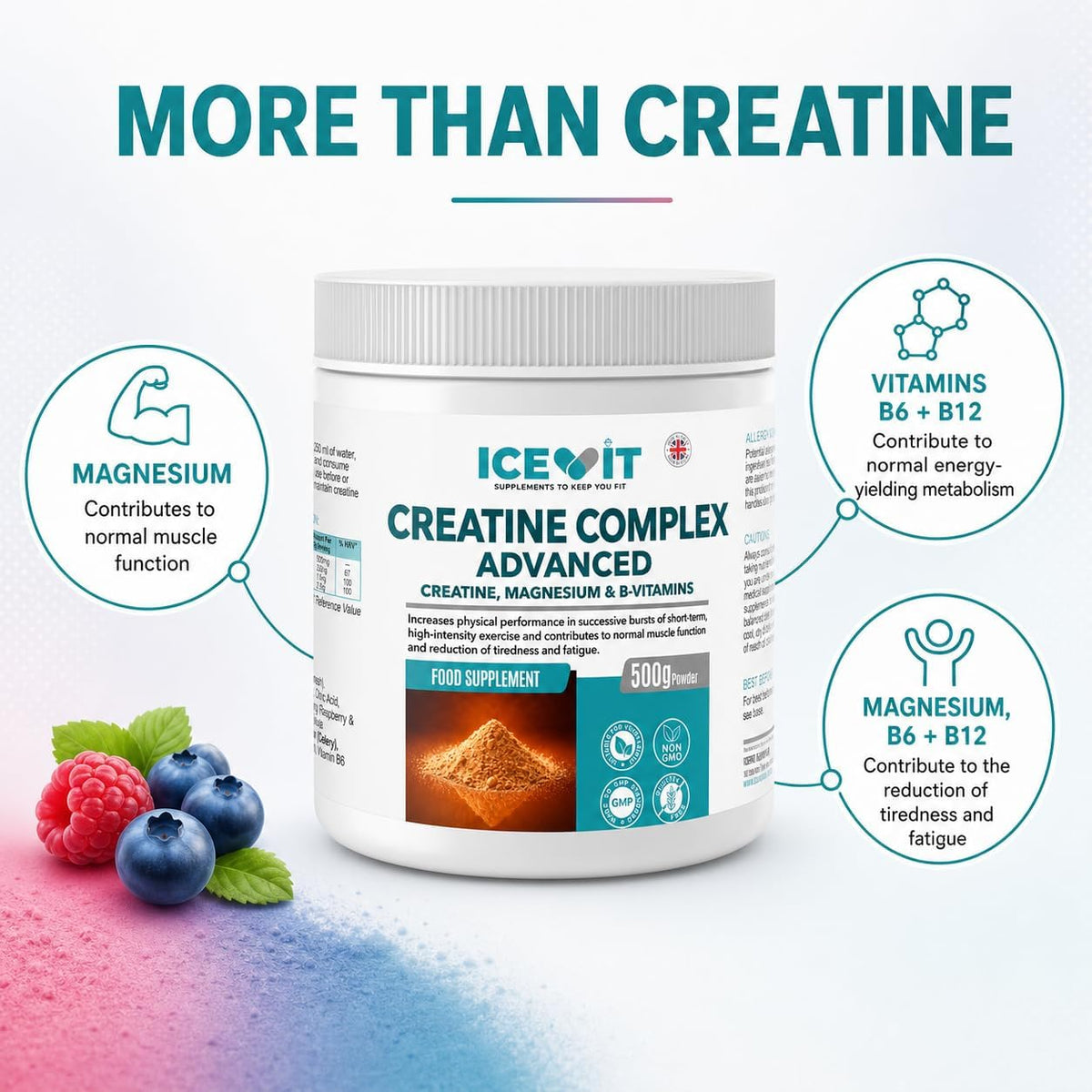 ICEVIT Advanced Creatine Complex: Magnesium, vitamin B6 and B12 roles infographic
