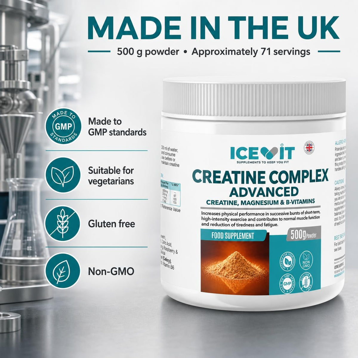 ICEVIT Advanced Creatine Complex: 500g tub with UK manufacture and vegetarian information