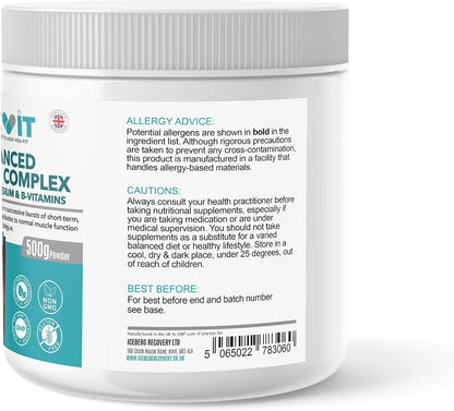 ICEVIT Advanced Creatine Complex: Side label showing cautions and storage information