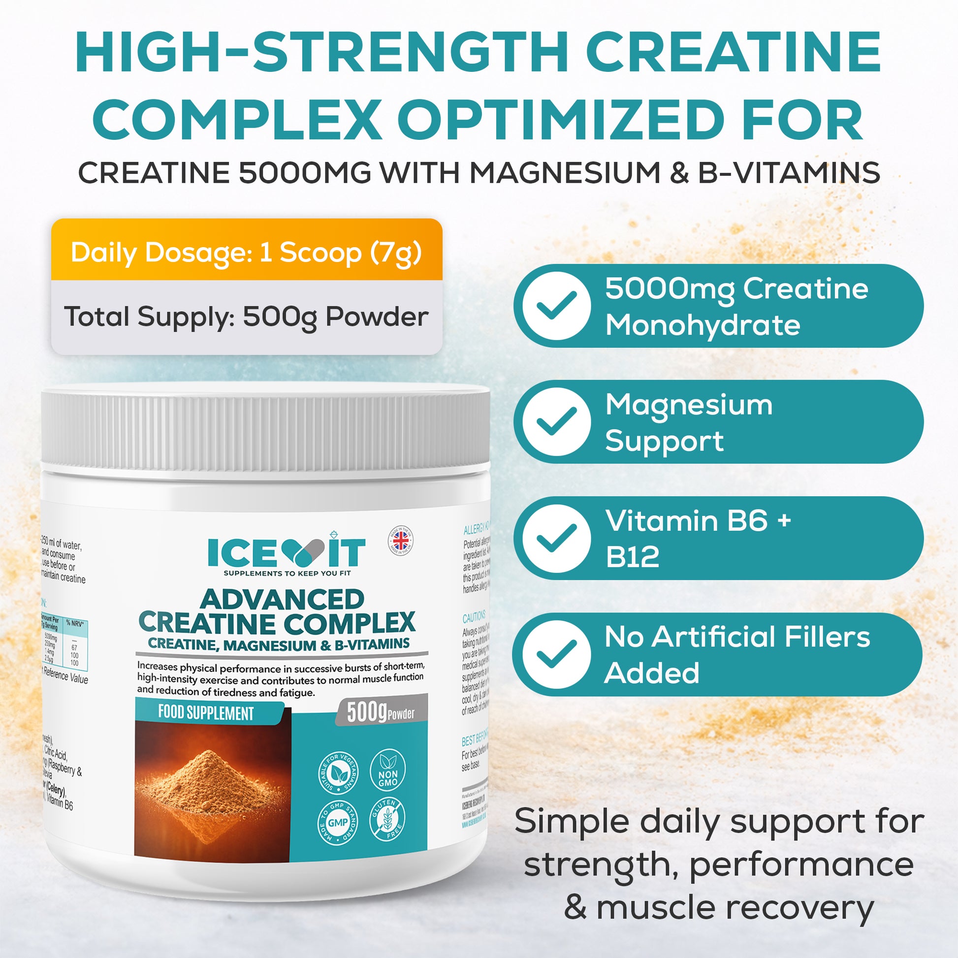 Promotional card emphasizing high‑strength creatine powder optimized for daily use, with icons and product jar.