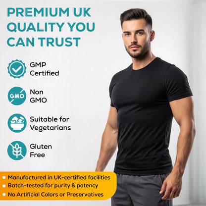 Graphic showing premium UK quality icons and vegan suitability beside the creatine tub.