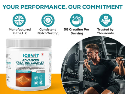 Lifestyle image featuring an athlete or active person with brand commitment text and product jar.