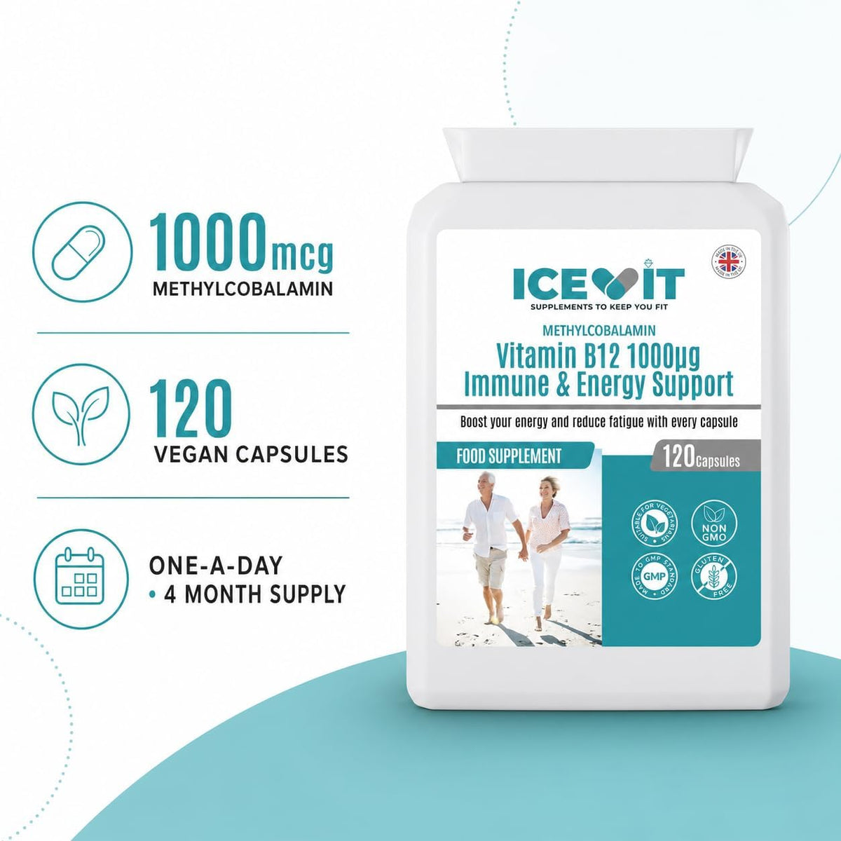 ICEVIT B12 bottle with 1000µg dose, 120 vegan capsules and one-a-day supply details