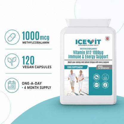 ICEVIT B12 bottle with 1000µg dose, 120 vegan capsules and one-a-day supply details
