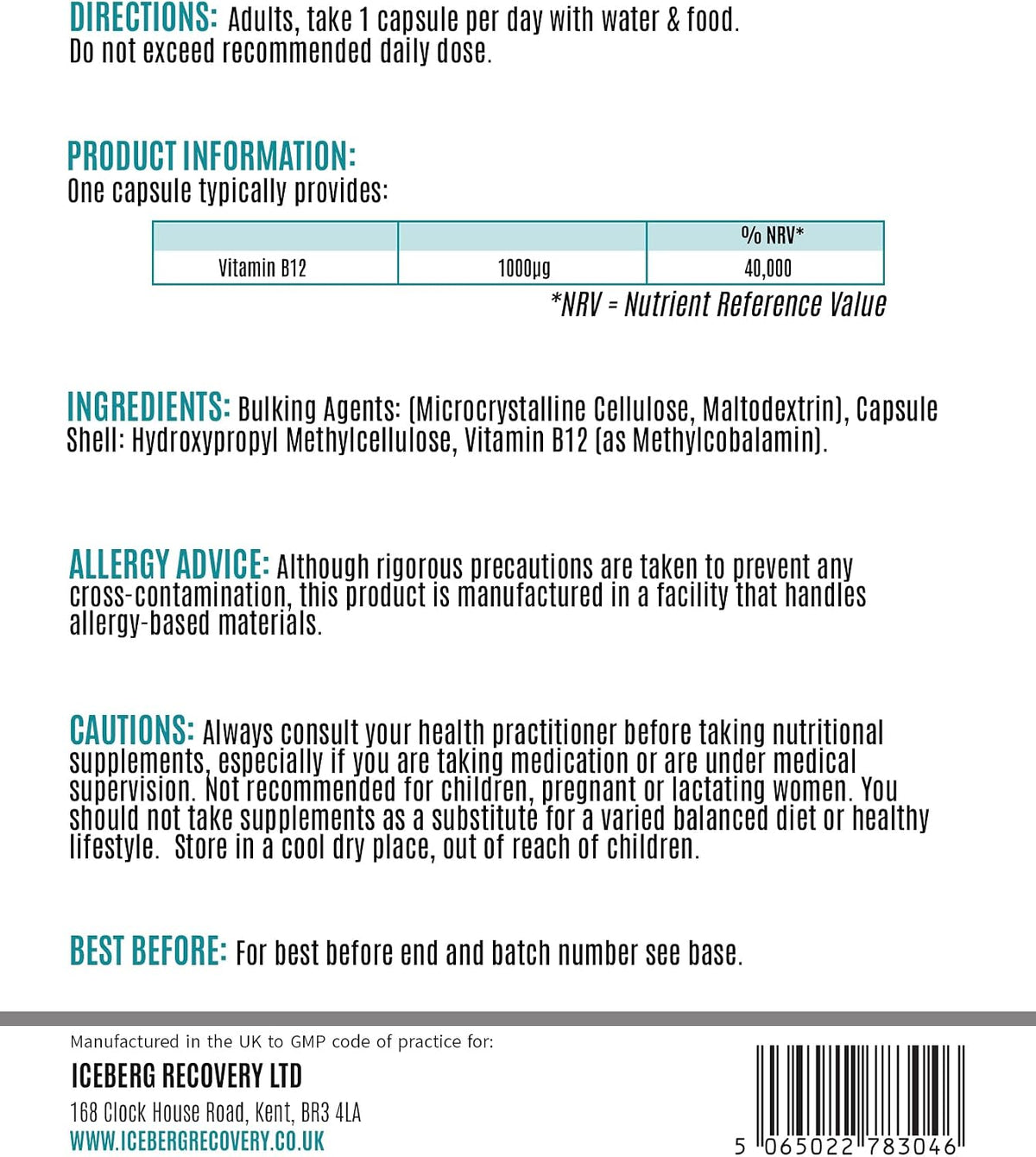 ICEVIT Vitamin B12 back label showing ingredients, directions and nutrition