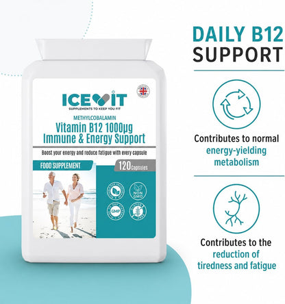ICEVIT B12 bottle with daily energy metabolism and fatigue support information