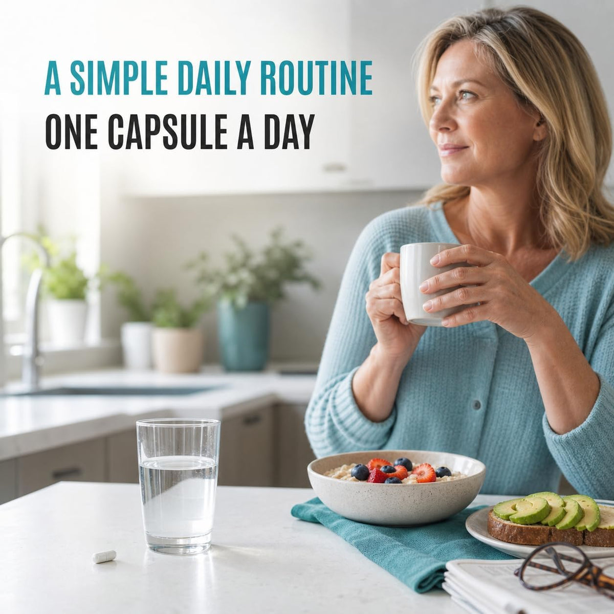 One-capsule-a-day B12 routine with a woman in her kitchen