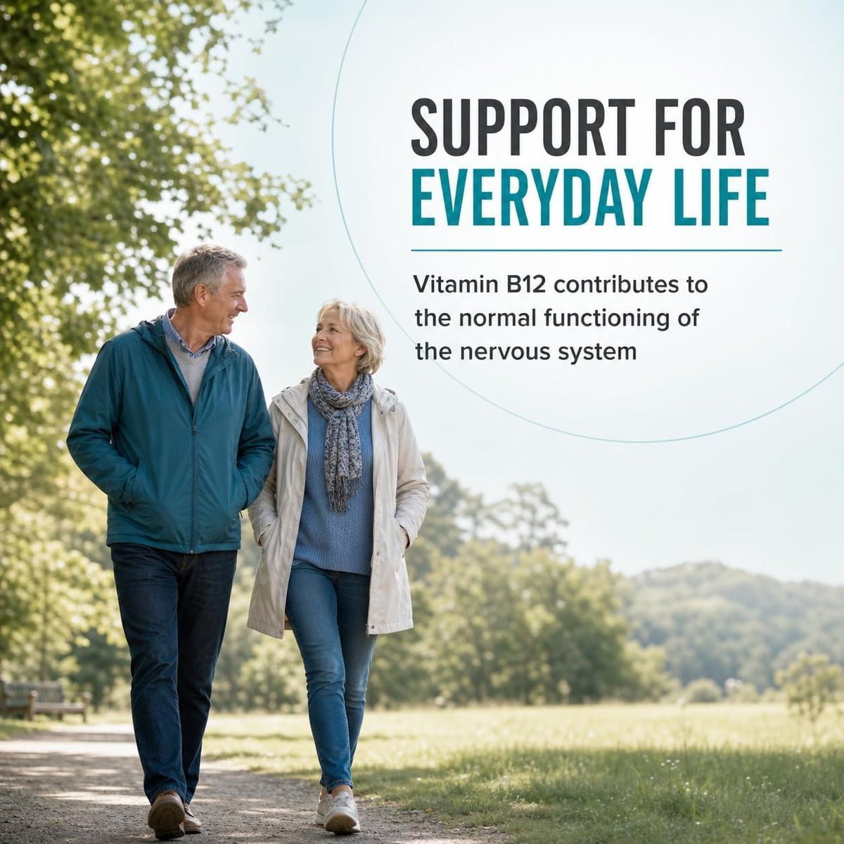 Couple walking in a park beside B12 nervous system support information