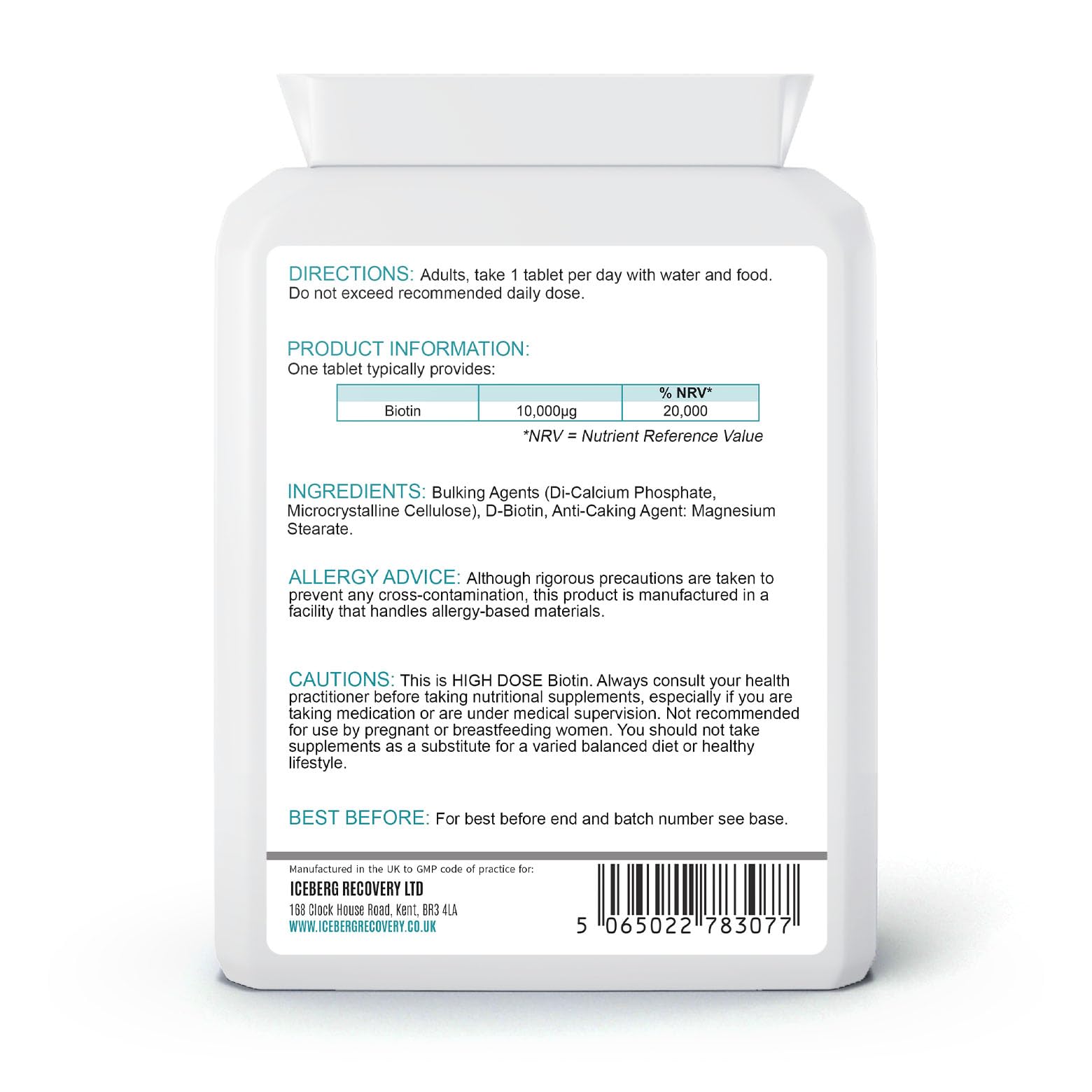 Supplement bottle label with directions, product information, ingredients, and allergy advice on a white background.
