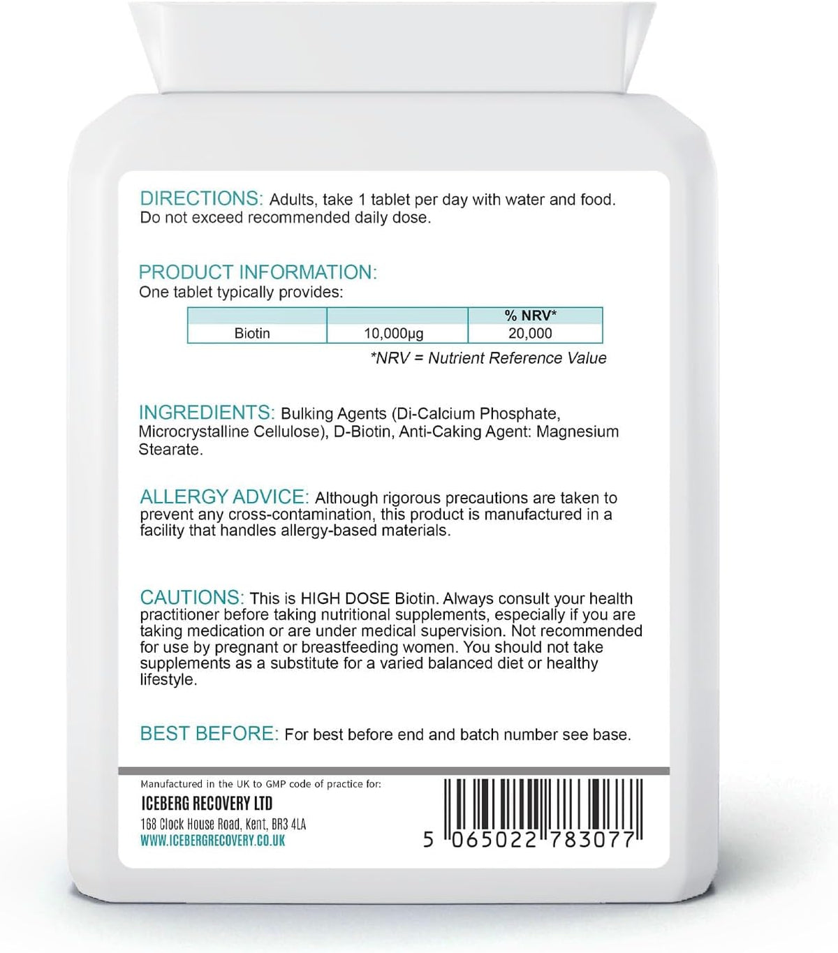 ICEVIT Biotin: Back label showing 10,000µg biotin per tablet, ingredients and daily directions