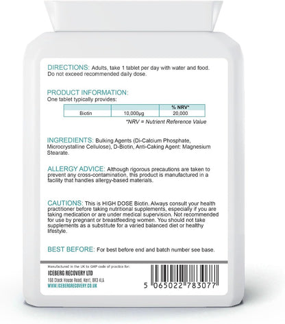 ICEVIT Biotin: Back label showing 10,000µg biotin per tablet, ingredients and daily directions