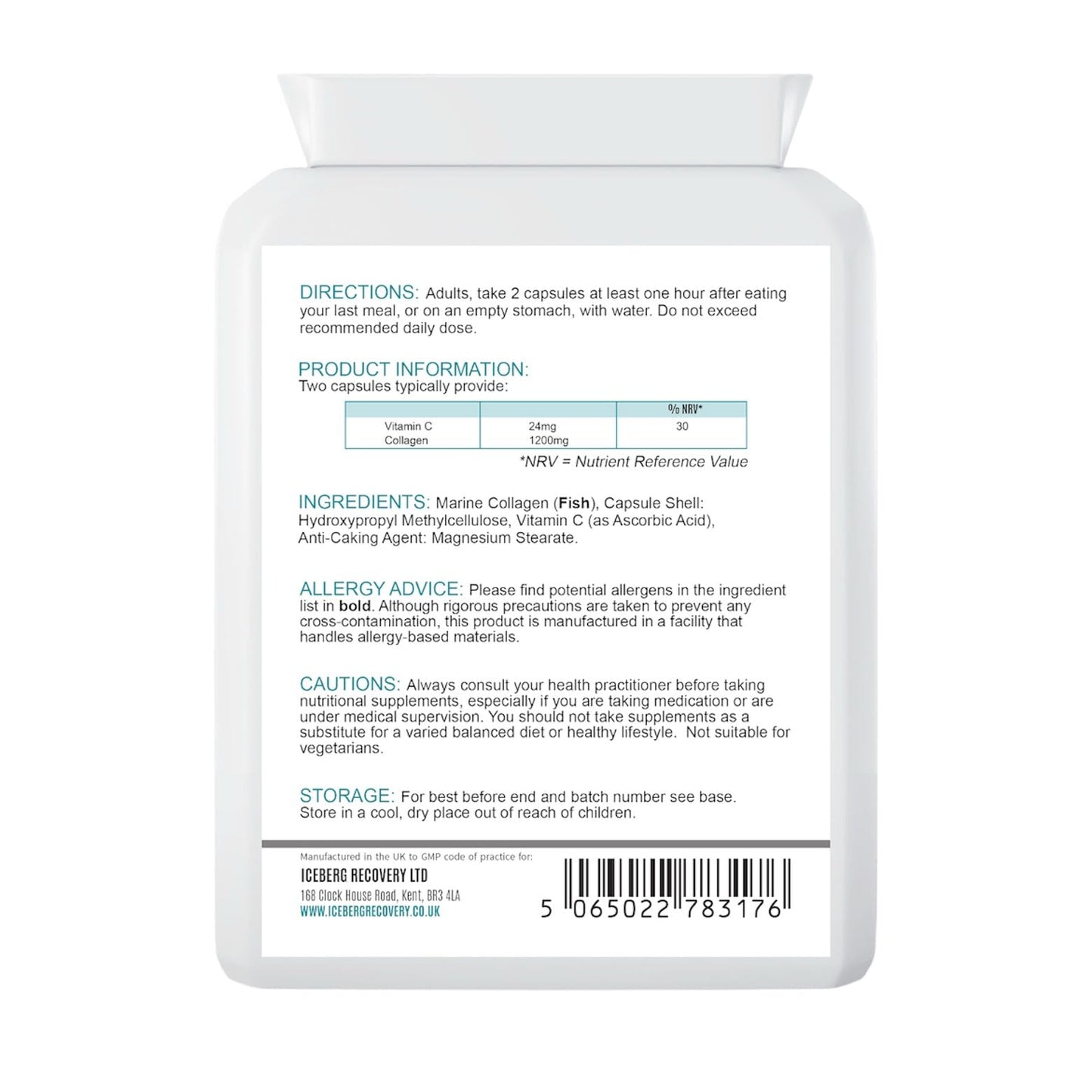 Back view of a supplement package with text and a barcode on a white background