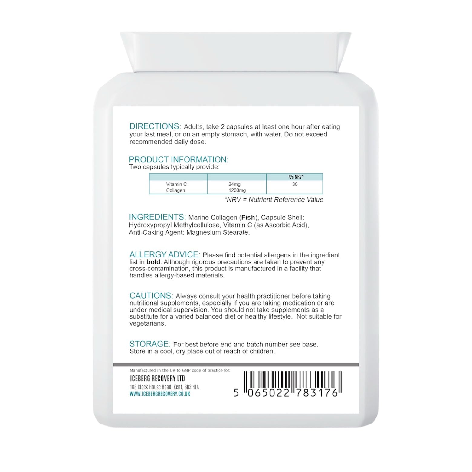 Back view of a supplement package with text and a barcode on a white background