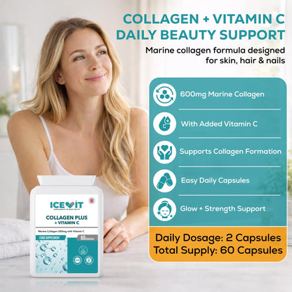 Woman holding a supplement container with text about collagen and vitamin C support.