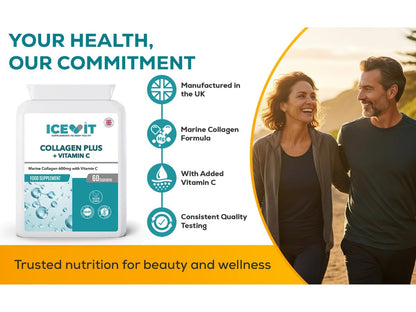 Advertisement for Icevit Collagen Plus with Vitamin C supplement bottle, showing a couple walking outdoors.