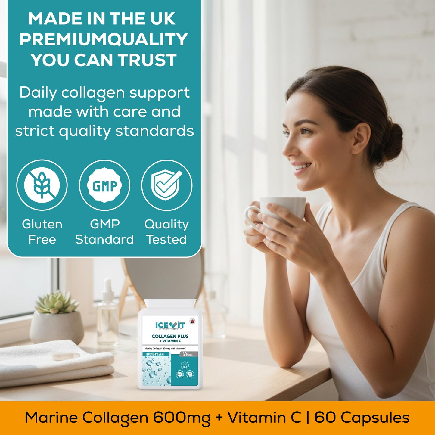 Woman holding a mug with a supplement package and text about marine collagen and vitamin C.