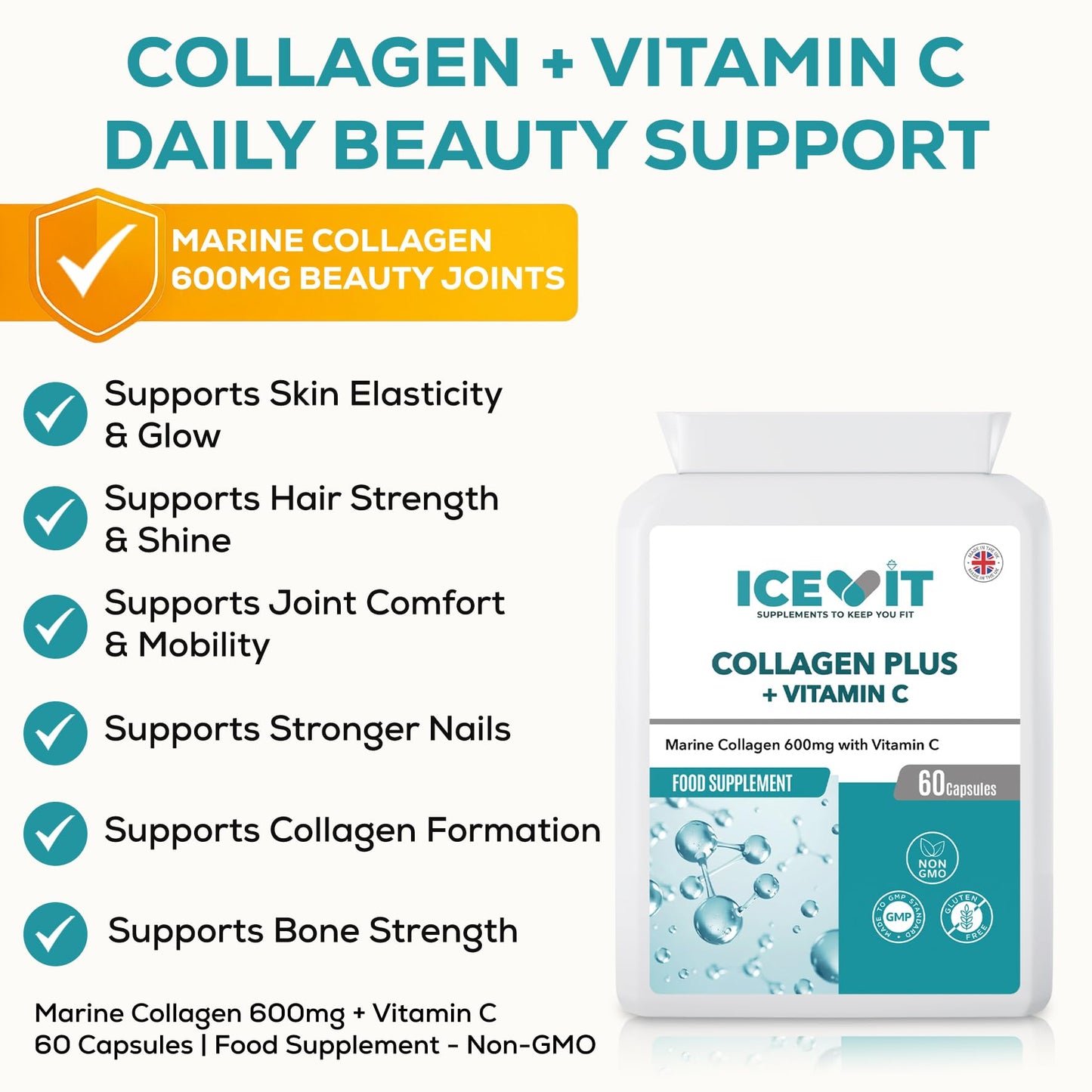 ICEVIT Collagen Plus + Vitamin C supplement packaging with benefits listed on a white background