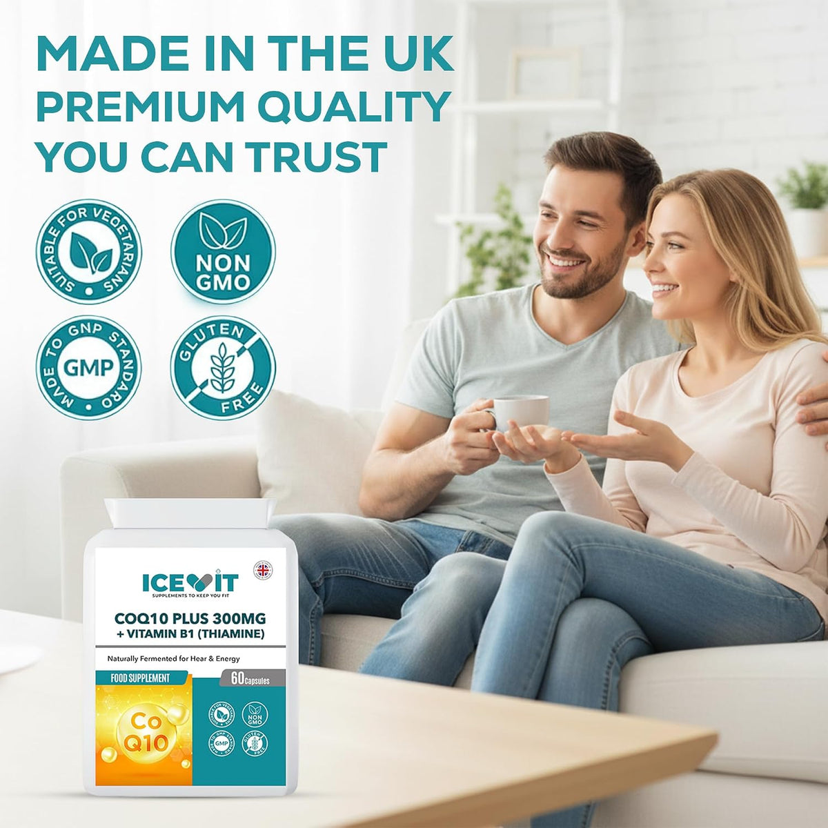 ICEVIT CoQ10 with Vitamin B1: UK manufacture and quality panel with couple at home