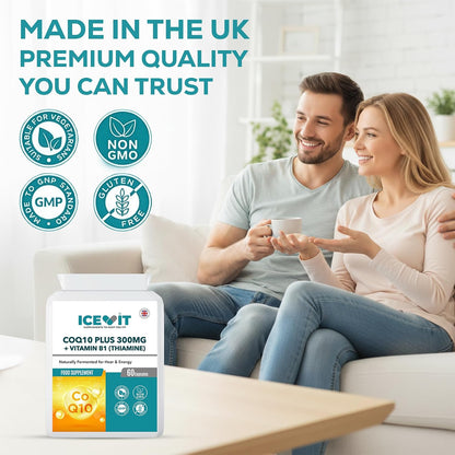 ICEVIT CoQ10 with Vitamin B1: UK manufacture and quality panel with couple at home