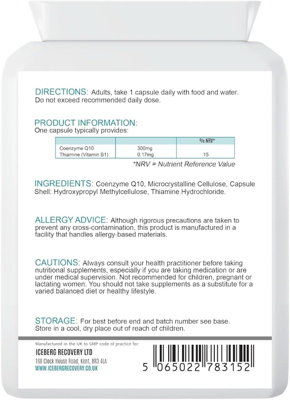 ICEVIT CoQ10 with Vitamin B1: Back label showing 300mg CoQ10 and 0.17mg vitamin B1
