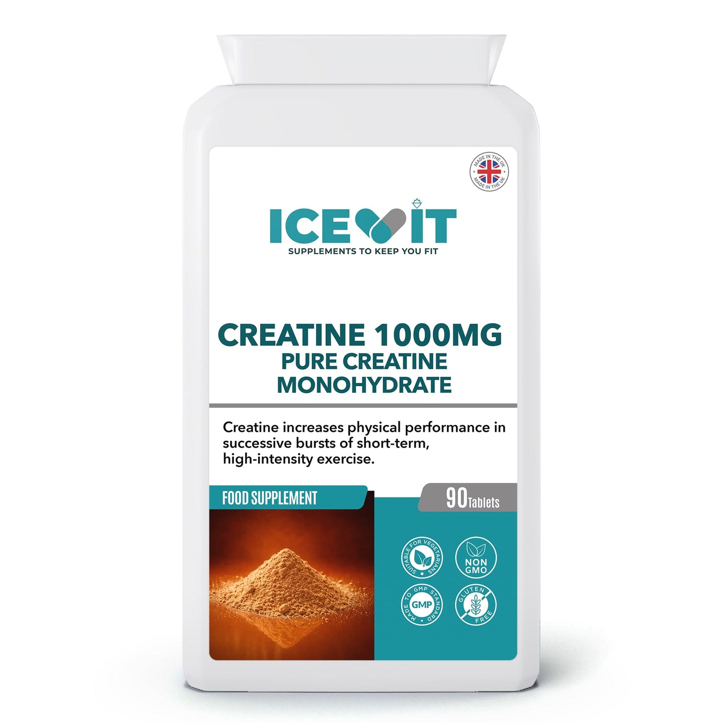 Supplement container labeled icevit with creatine 1000mg on a white background
