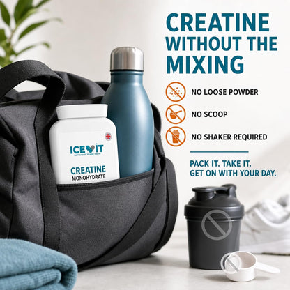 ICEVIT Creatine Monohydrate Tablets: Creatine tablets with gym bag and water bottle