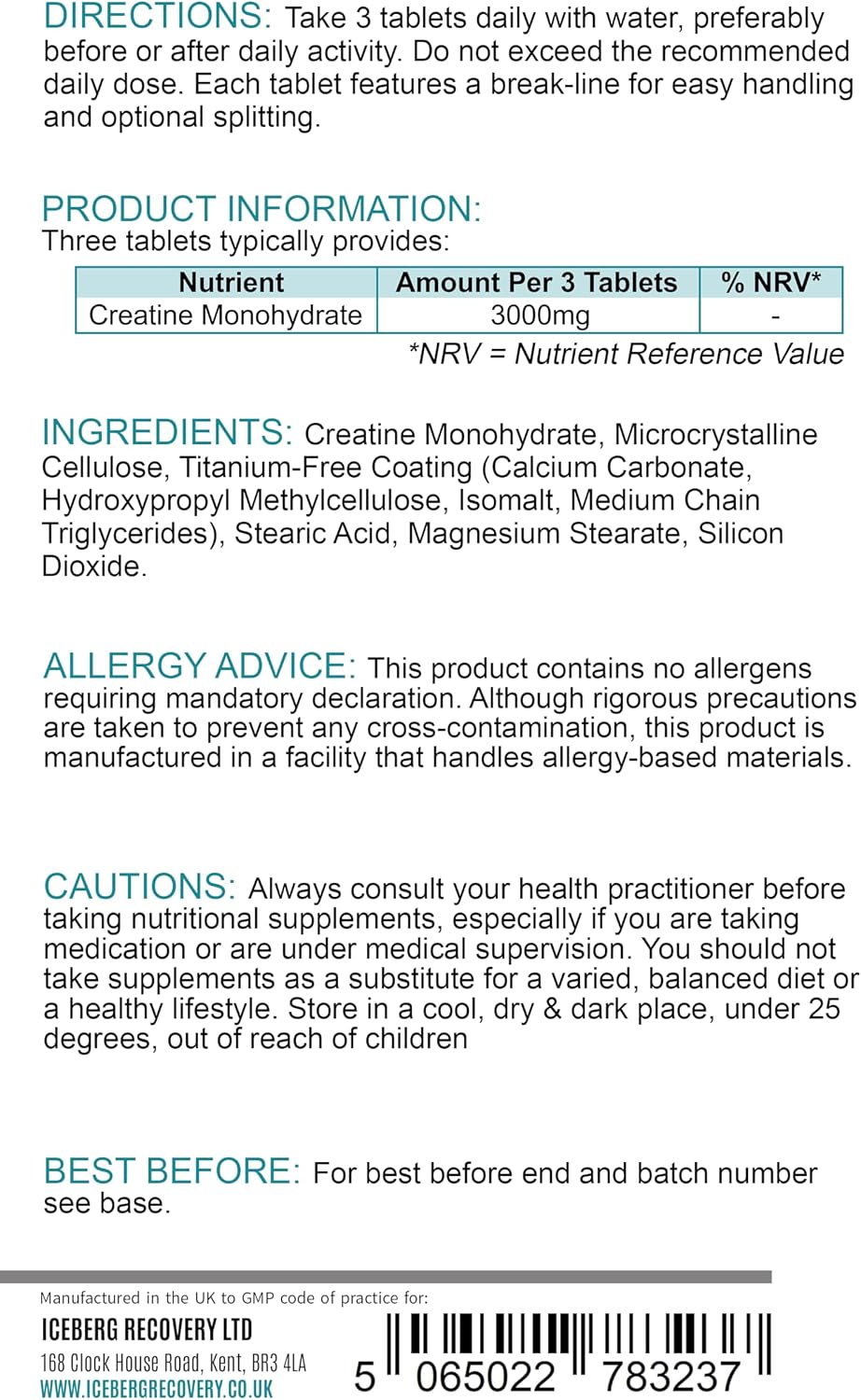 ICEVIT Creatine Monohydrate Tablets: Back label with ingredients and three-tablet directions