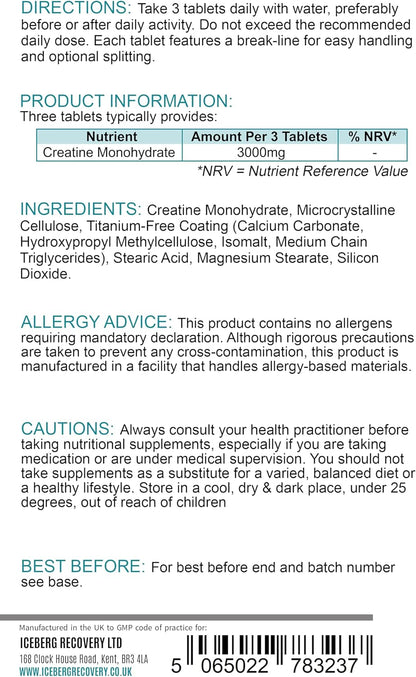 ICEVIT Creatine Monohydrate Tablets: Back label with ingredients and three-tablet directions