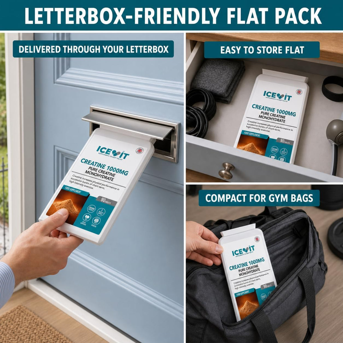 ICEVIT Creatine Monohydrate Tablets: Flat pack shown at letterbox and in gym bag