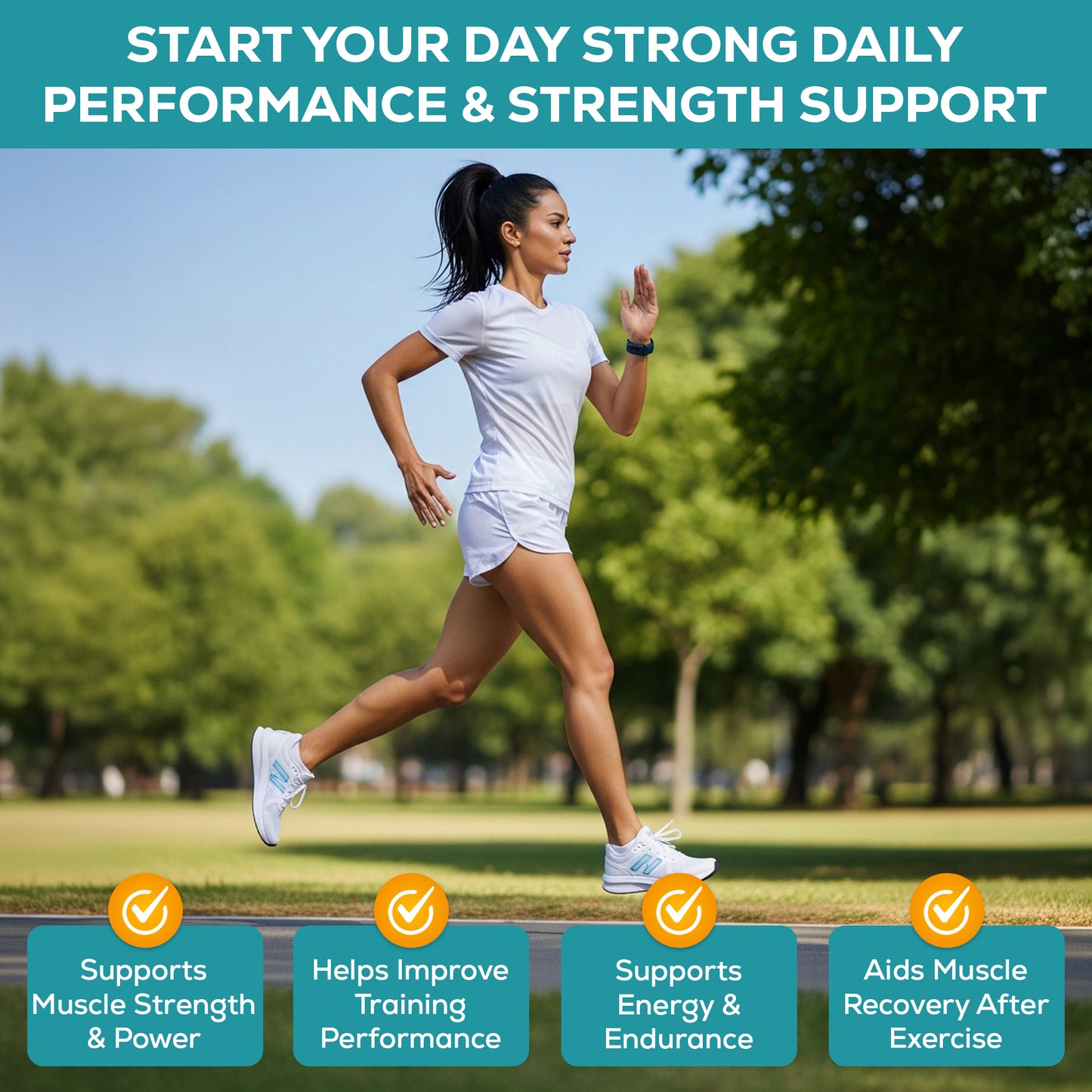 Outdoor lifestyle shot of a runner or active person representing daily performance support.