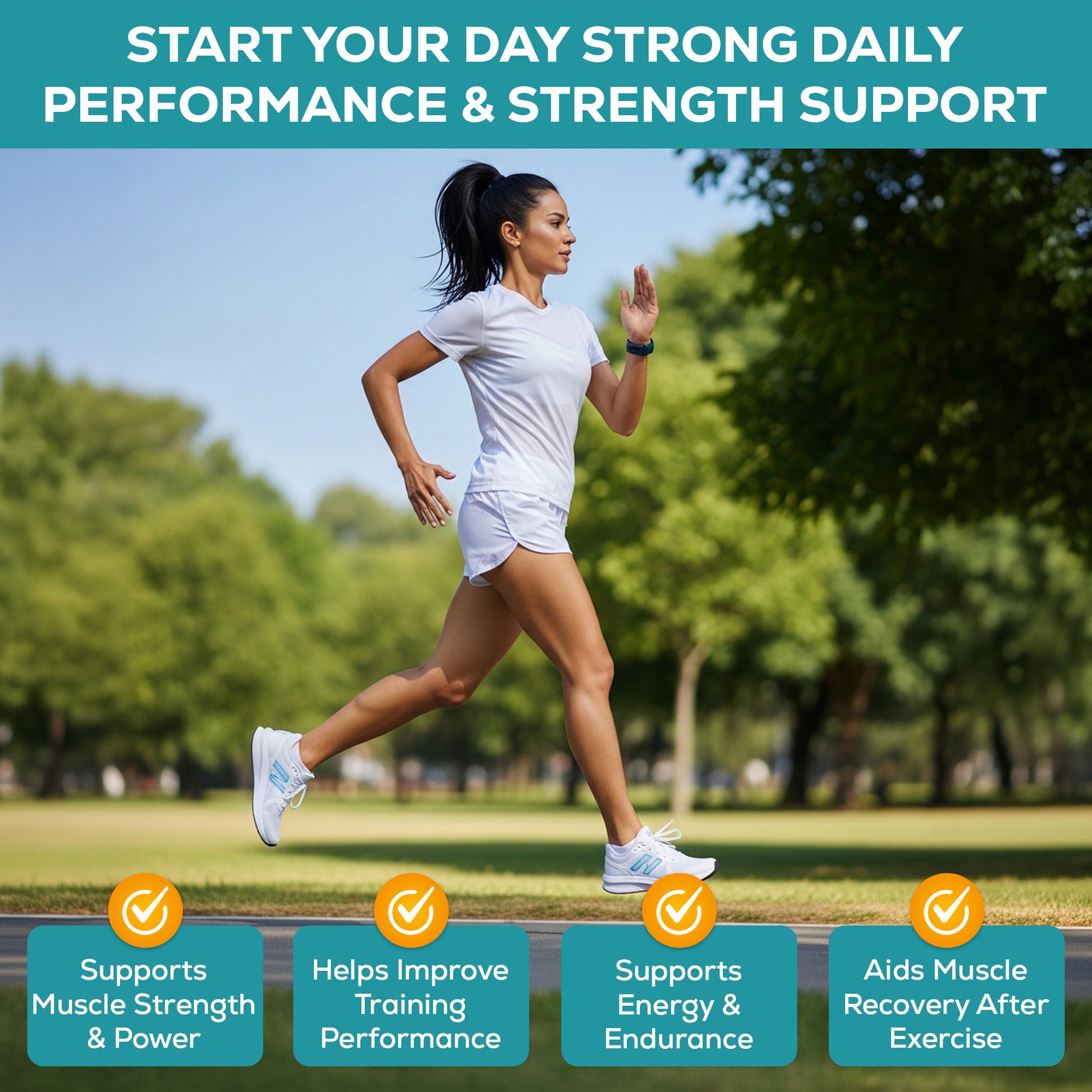 Outdoor lifestyle shot of a runner or active person representing daily performance support.