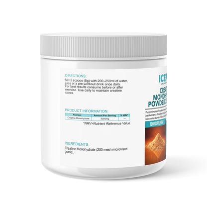 Back label of the creatine tub displaying supplement facts, directions, and manufacturing information.