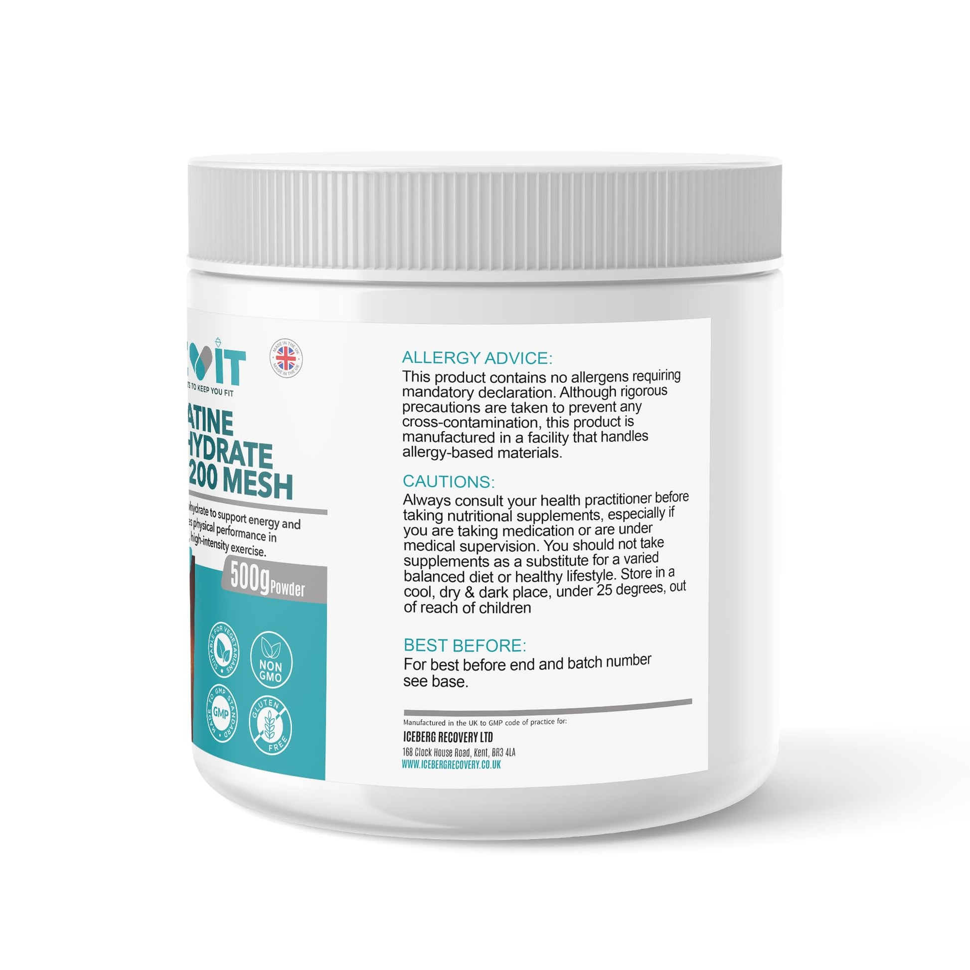 Side or back view of the creatine container showing additional label details and packaging design.
