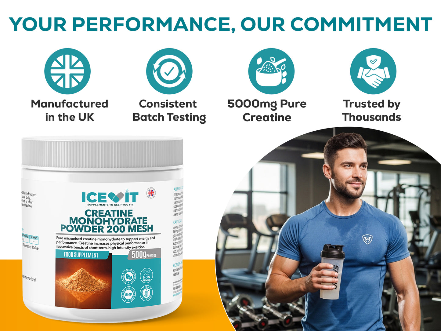 Lifestyle image of an active person plus brand commitment text showing quality, UK manufacture, and vegan suitability.