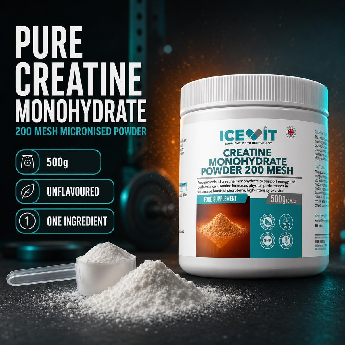 ICEVIT Creatine Monohydrate Powder: Unflavoured 200-mesh single-ingredient creatine powder