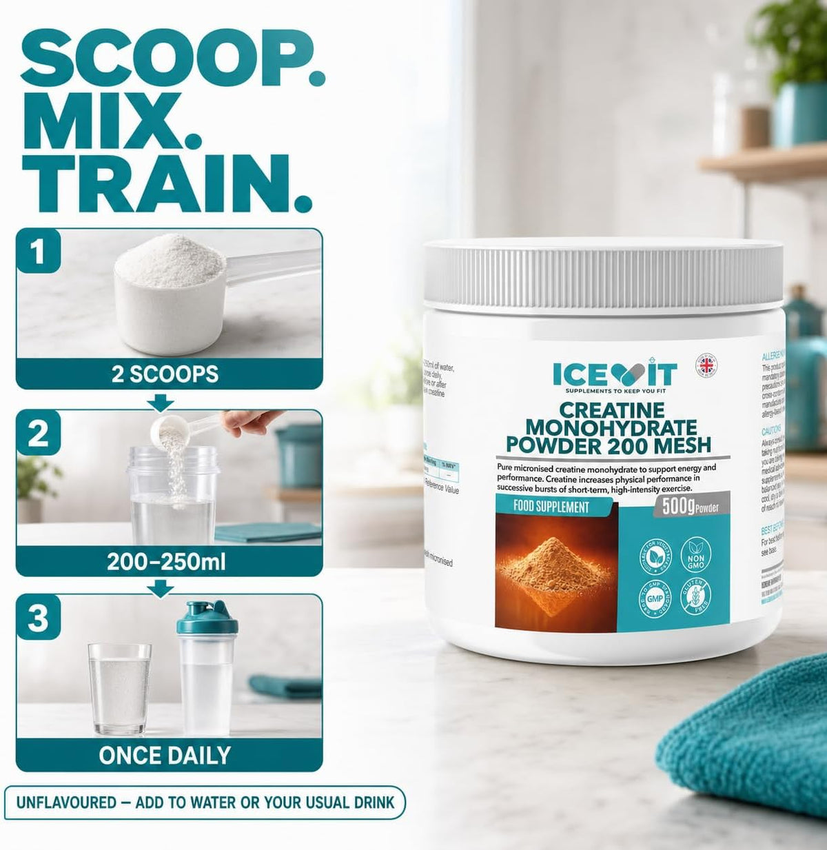 ICEVIT Creatine Monohydrate Powder: Two-scoop daily mixing guide
