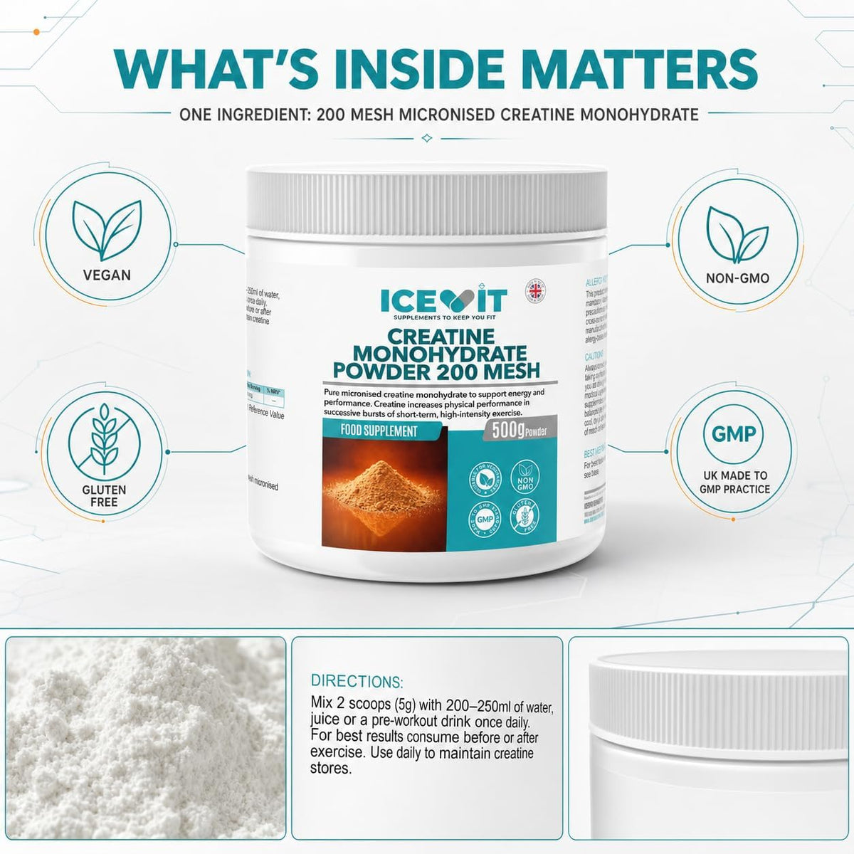 ICEVIT Creatine Monohydrate Powder: Single ingredient, dietary icons and mixing instructions