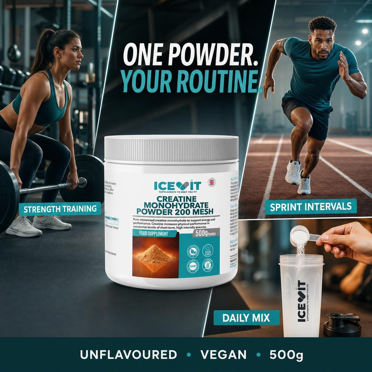 ICEVIT Creatine Monohydrate Powder: Creatine powder with strength-training and sprint photographs